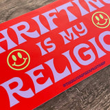 The Silver Spider - Thrifting is my Religion Bumper Sticker thrift smiley face