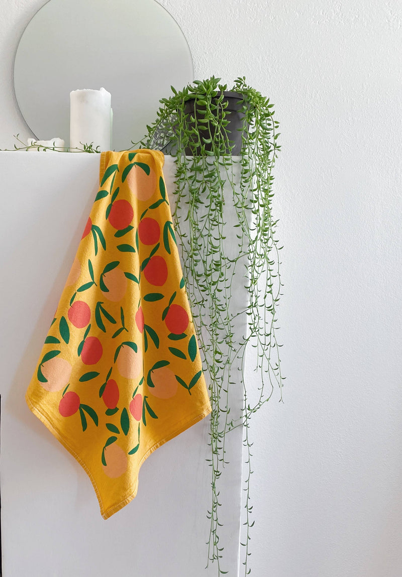 Julie Peach - Yellow Peach Toss 20" Tea Towel - Silkscreened 100% Cotton