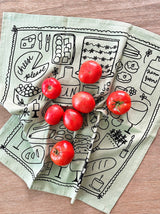 Julie Peach - Picnic on Sage Green Tea Towel - 100% Cotton