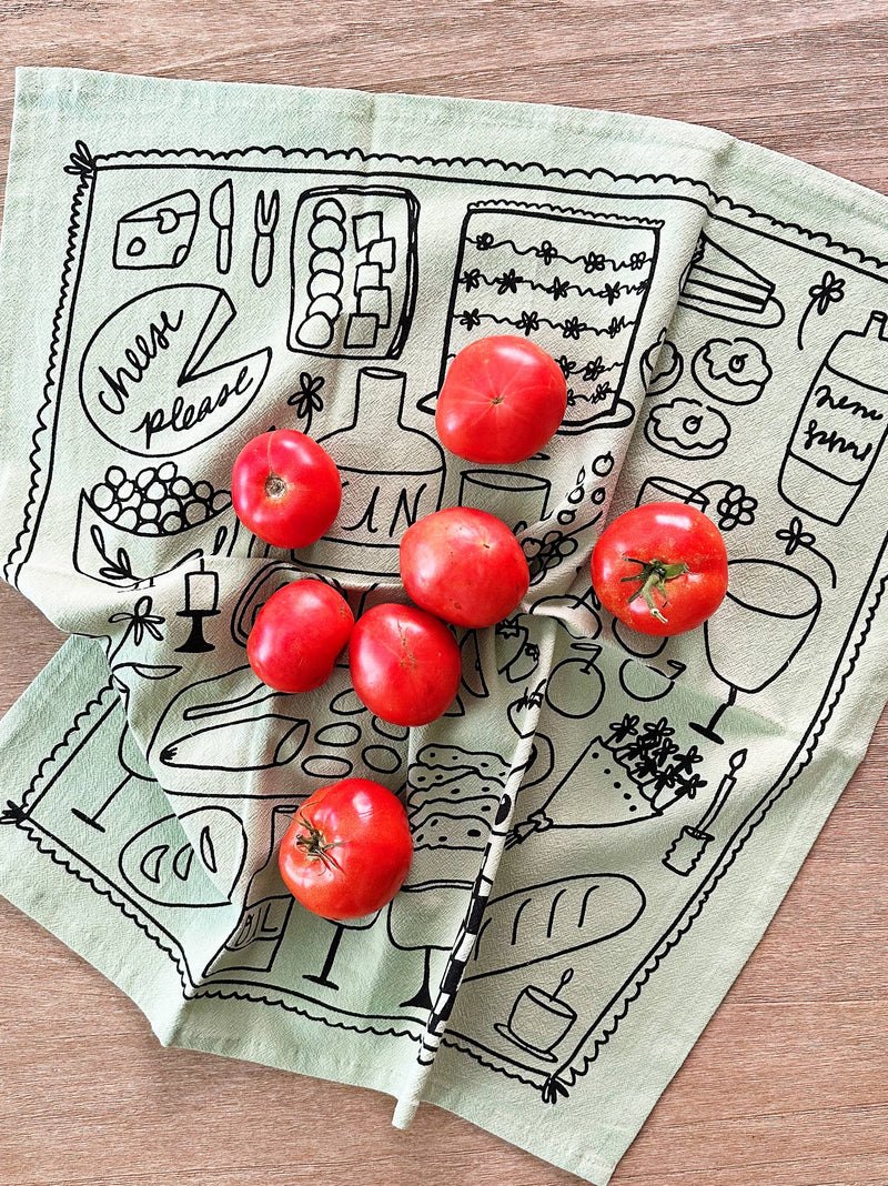 Julie Peach - Picnic on Sage Green Tea Towel - 100% Cotton