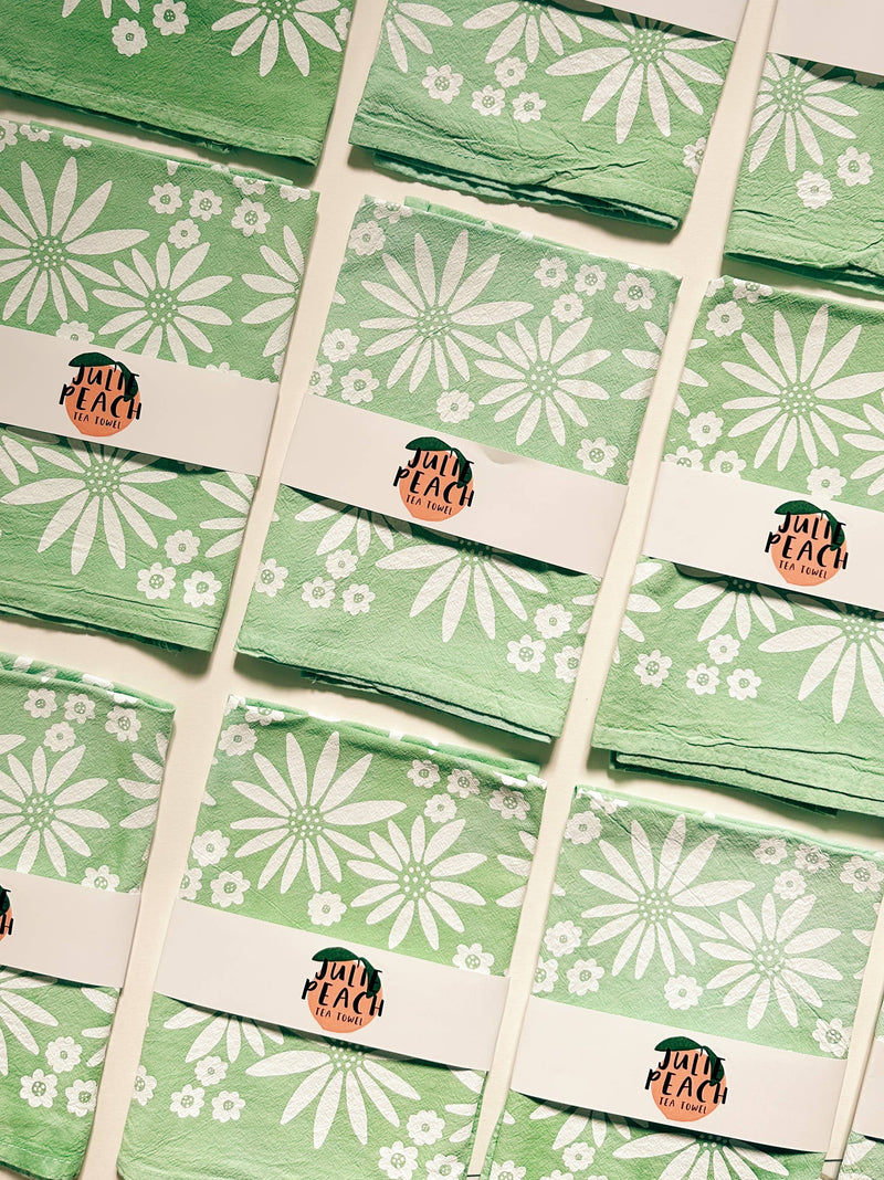 Julie Peach - Fall Floral on Green Tea Towel - 100% Cotton
