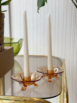 Set of 2 Vintage Amber Glass Candle Holders w/ Candles