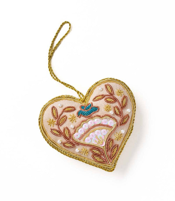 Matr Boomie Fair Trade - Larissa Plush Floral Heart Beaded Fabric Ornament