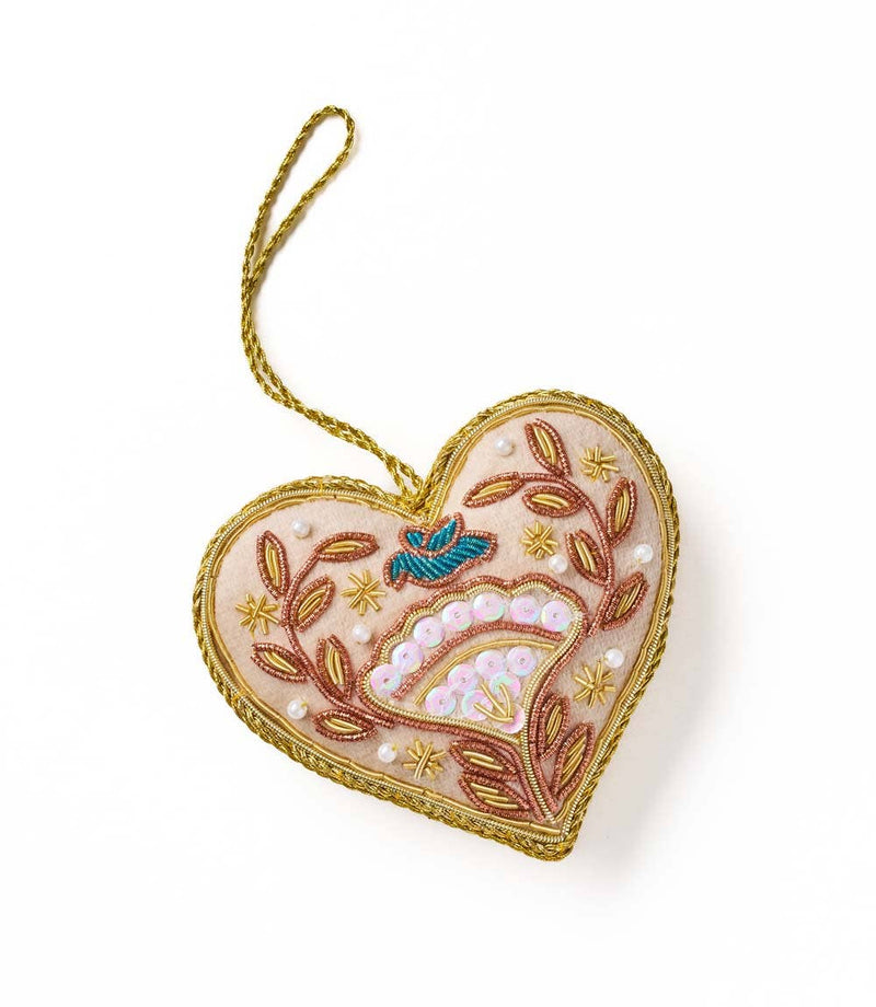 Matr Boomie Fair Trade - Larissa Plush Floral Heart Beaded Fabric Ornament