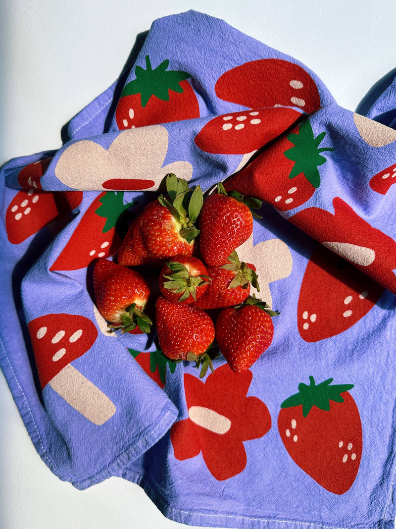 Julie Peach - Berry Shroom on Purple Tea Towel - 100% Cotton