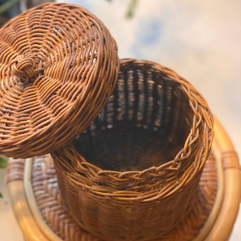 Vintage Wicker Toilet Paper Basket w/ Lid