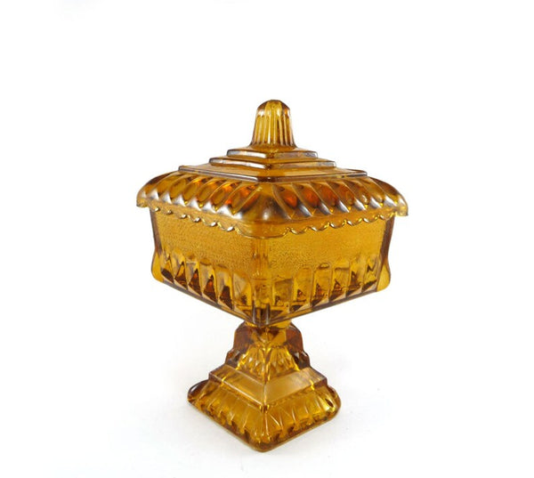 Vintage Amber Glass Pedestal Candy Dish w/ Lid