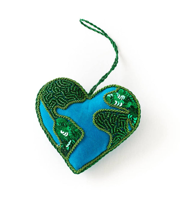 Matr Boomie Fair Trade - Larissa Plush Heart Earth Beaded Felt Ornament - Embroidered