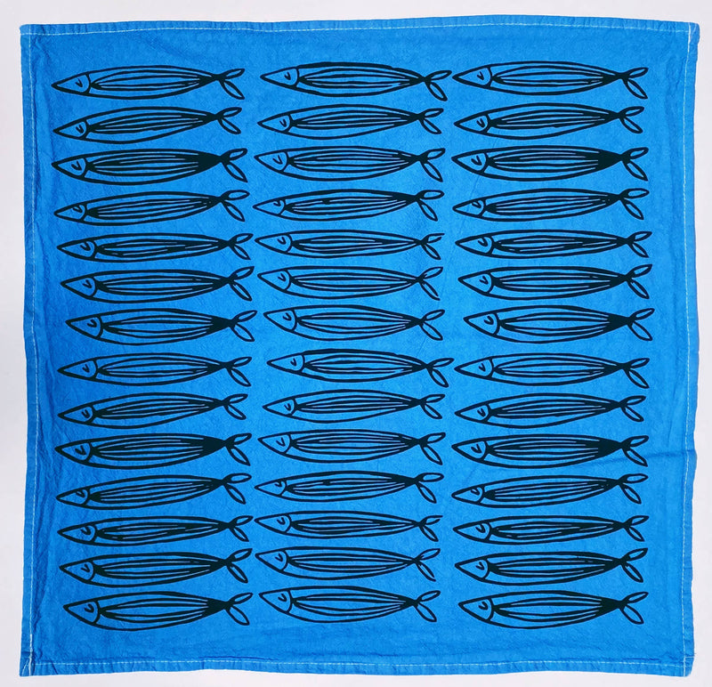 Julie Peach - Blue Sardines 20" Tea Towel - Silkscreened 100% Cotton