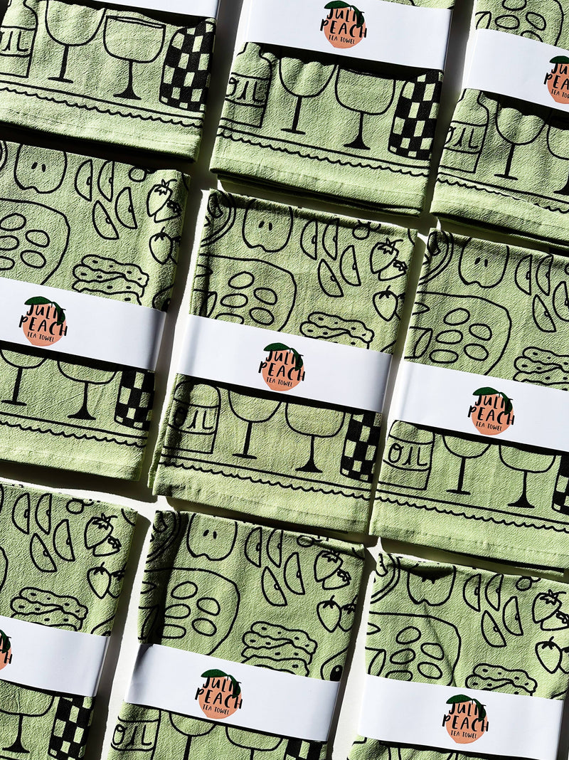 Julie Peach - Picnic on Sage Green Tea Towel - 100% Cotton