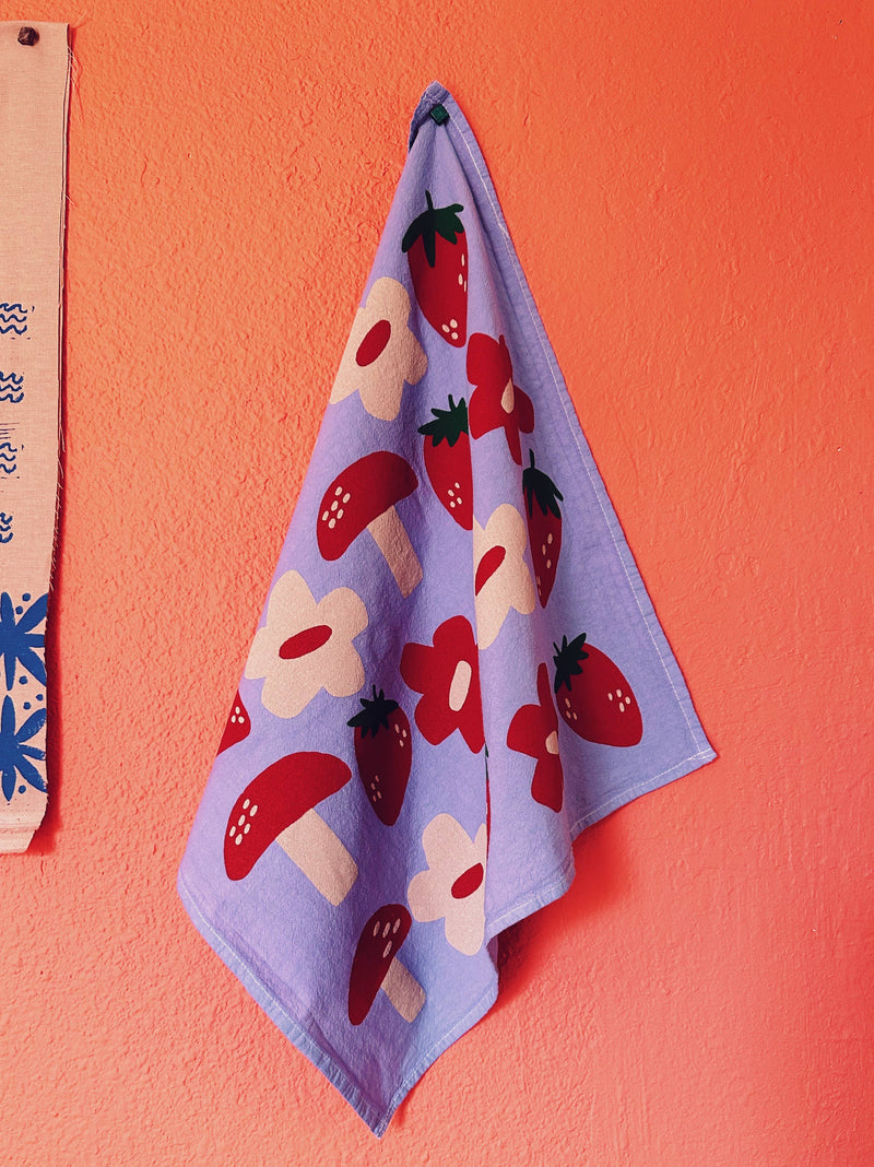 Julie Peach - Berry Shroom on Purple Tea Towel - 100% Cotton