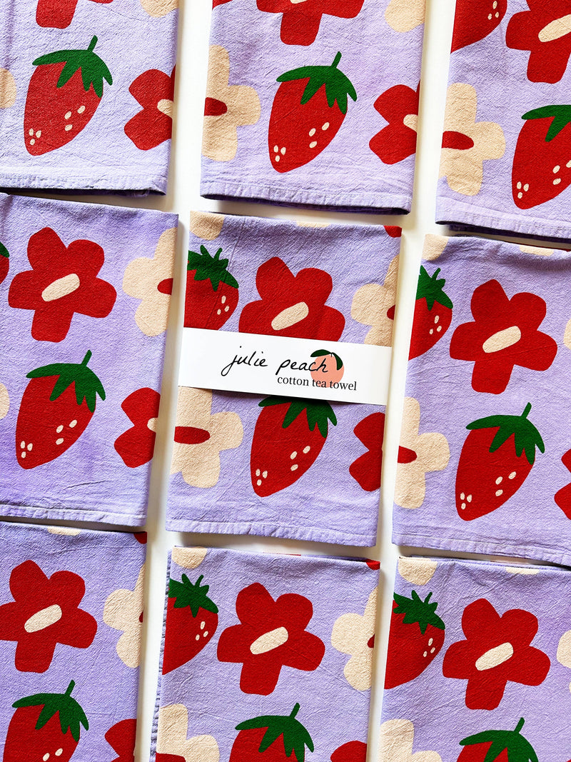 Julie Peach - Berry Shroom on Purple Tea Towel - 100% Cotton