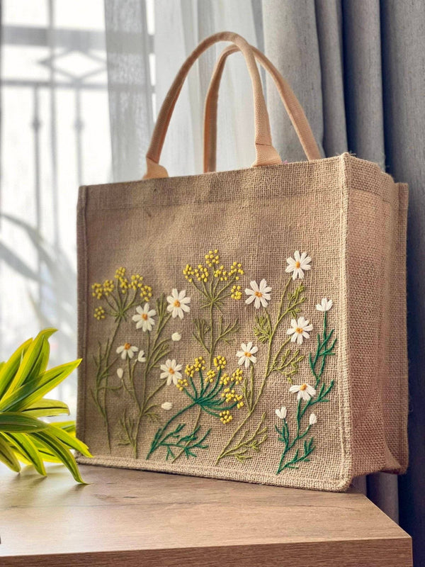 Quince Fables - Daisy Garden Embroidered Jute Bag